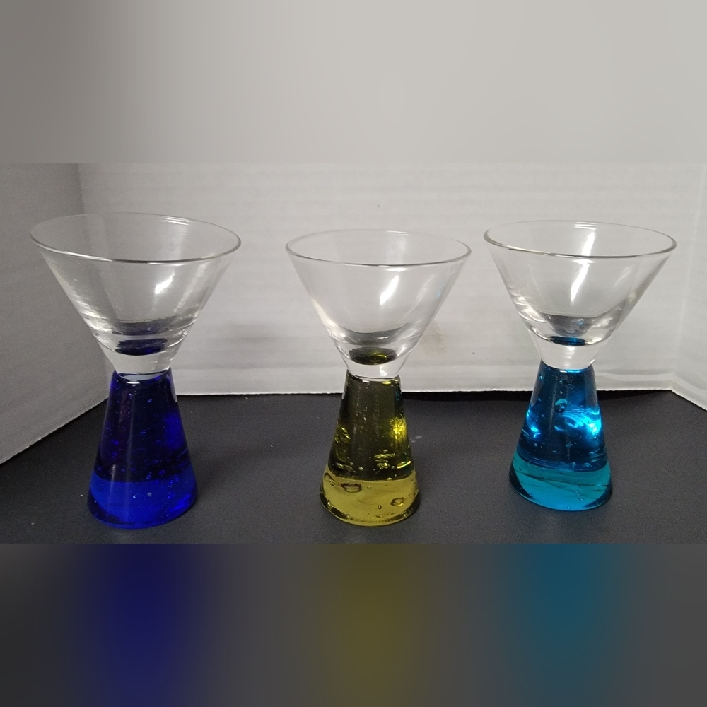 Set of 3 Pedestal Base Shot Glasses in blue, yellow and aqua.  Pre-owned